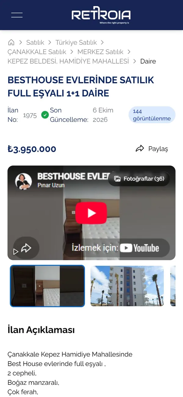retroia.com ilan sayfası, telefon görünümü