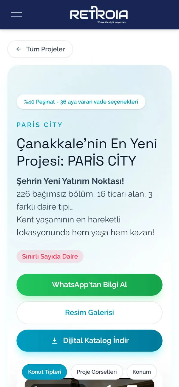 Proje landing page, telefon görünümü