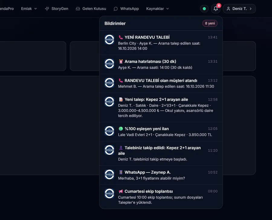 THE OFFICER masaüstü bildirim paneli: randevu talebi, hatırlatma, yeni talep, eşleşme, WhatsApp, duyuru