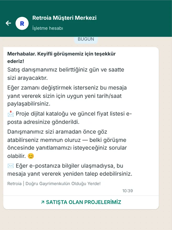 Randevu talebi alındıktan sonra müşteriye giden WhatsApp mesajı
